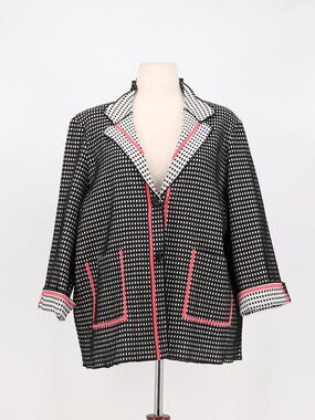 MING WANG Textured Check Knit Button Front Jacket with Pink Piping Size 1X